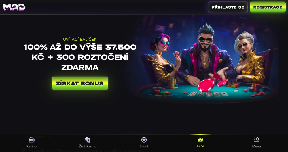 Promoakce v casinu MadCasino: Bonusový uvítací balíček 37 500 Kč + 300 free spins