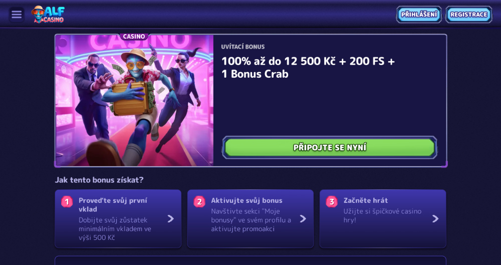 Promoakce v casinu AlfCasino: Vstupní bonus 12 500 Kč + 200 free spins