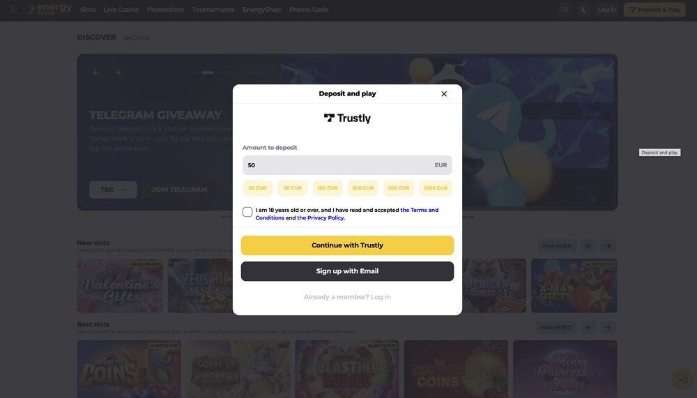 Energy Casino bejelentkezési képernyő