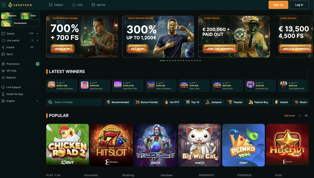 LuckyGem casino homepage