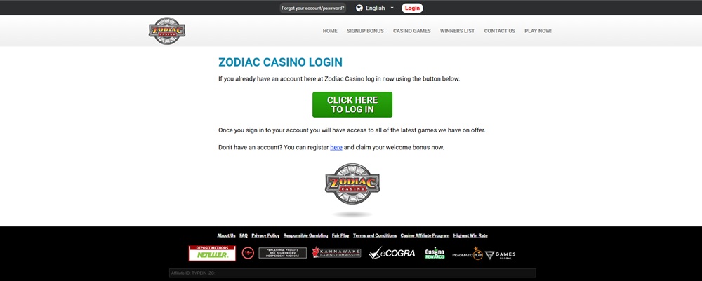 Zodiac Casino registrace a login