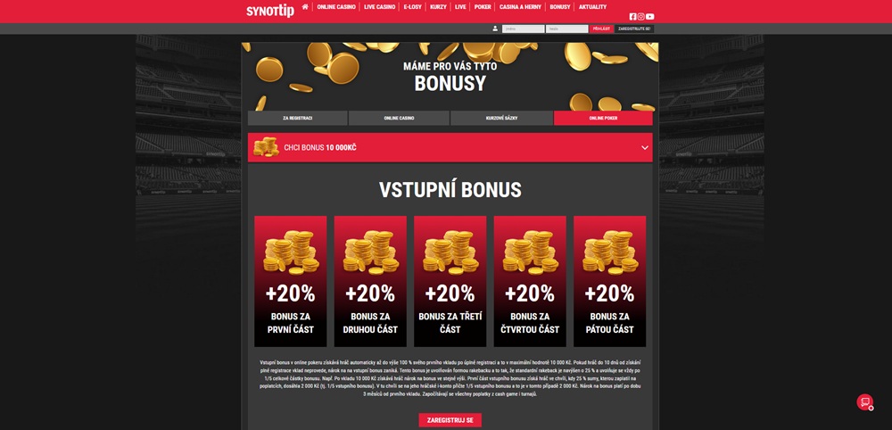 SYNOTtip poker bonus 10 000 Kč + 500 Kč úvod