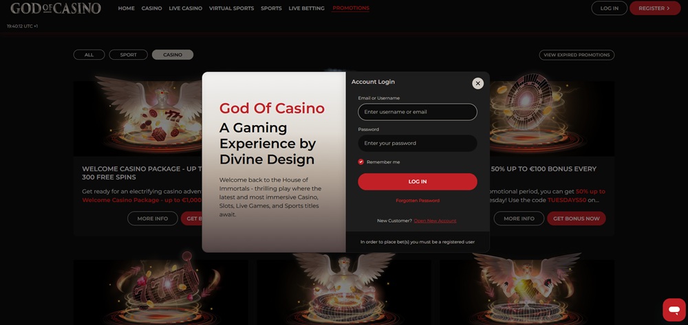 God of Casino login uvod