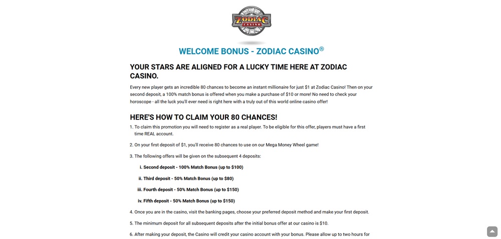 Zodiac Casino bonusy