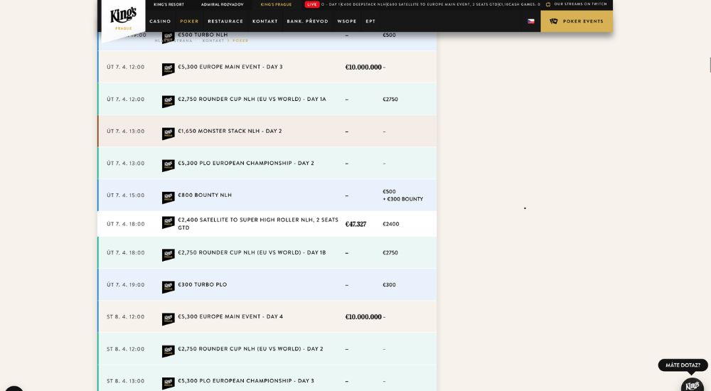 Pokerové turnaje duben 2026 [6 – 12. dubna]