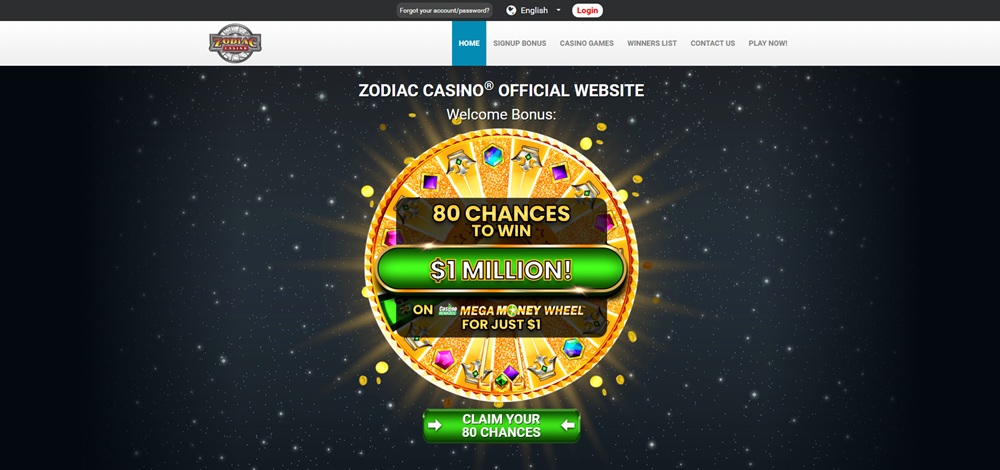 Zodiac Casino no deposit bonus – 80 free spins úvodní