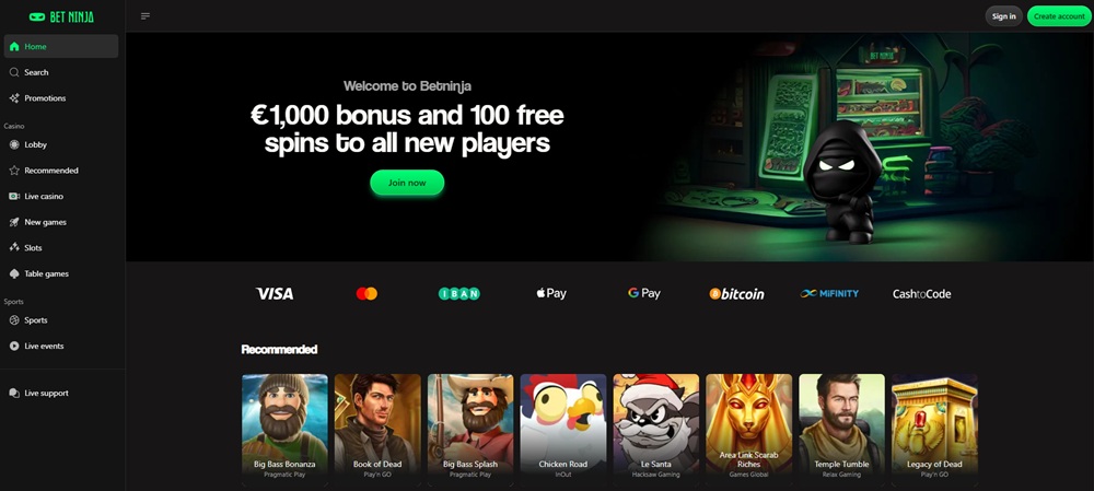 BetNinja casino úvodní
